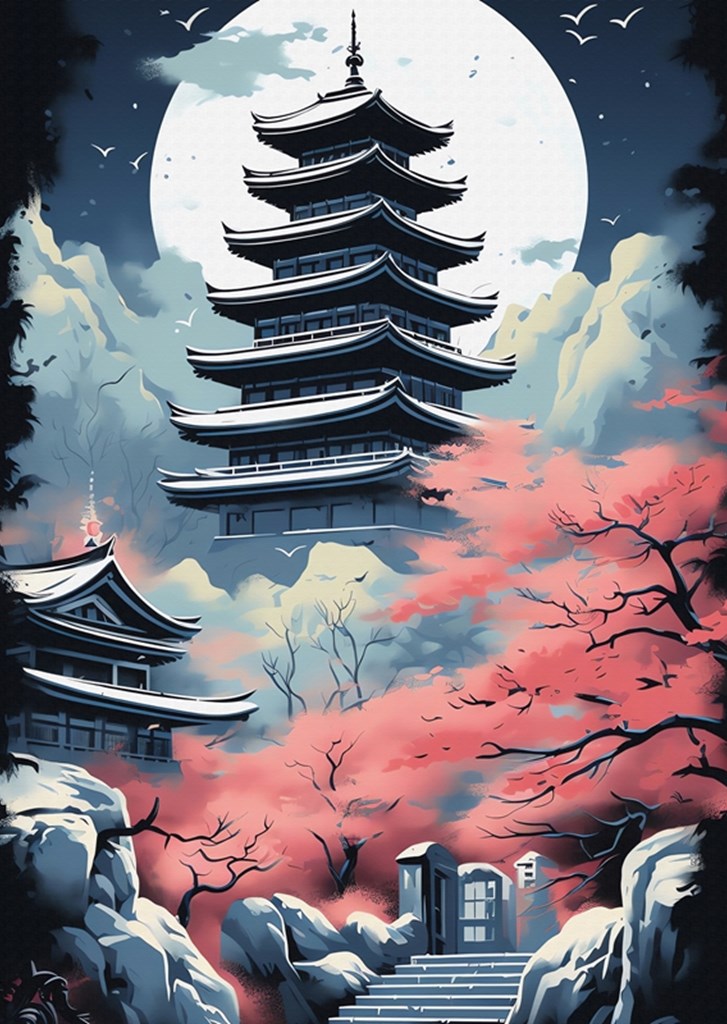 Japanese Landscape Wiht Cherry posters & prints by Tsawa Studio