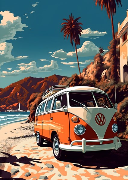 VW Transporter Bus am Strand Poster von Pixaverse