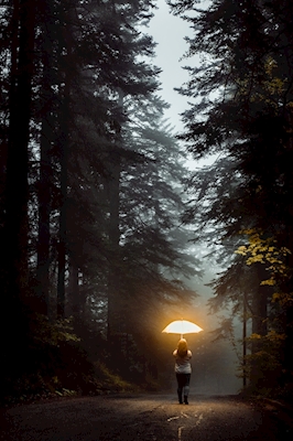Jente med paraply i skogen