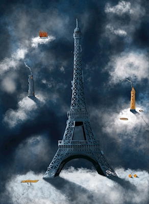 Eiffelova věž modrá na oblacích