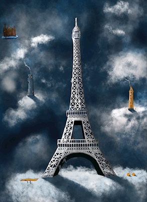 Eiffeltårnet hvidt på skyer