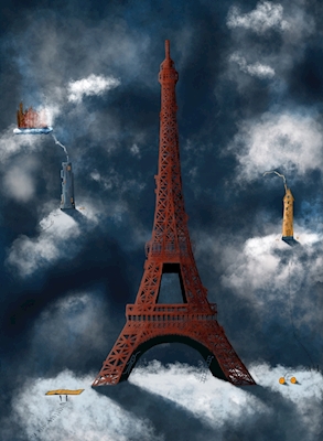 Torre Eiffel roja sobre las nubes
