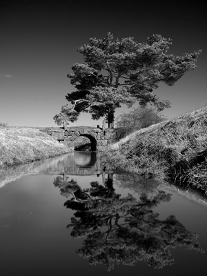 Stenen brug met reflectie in water