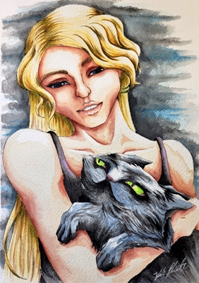 Girl with grumpy old cat 