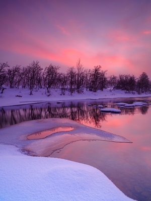 Růžový východ slunce u zimní řeky