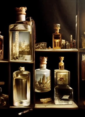 shelf with perfume bottles