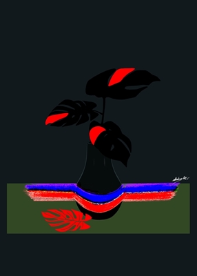 Black vase with red leaves 