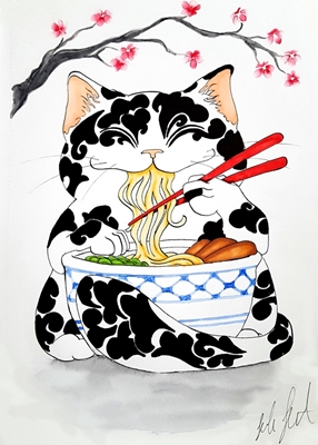 Fat Cat eats ramen noodles