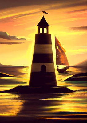 Fyr och segelbåt i solnedgång