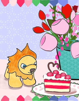 Lev s kouskem dortu