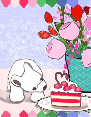 Lední medvěd s plátkem dortu.