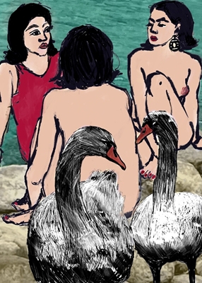 Tres bañistas con dos cisnes