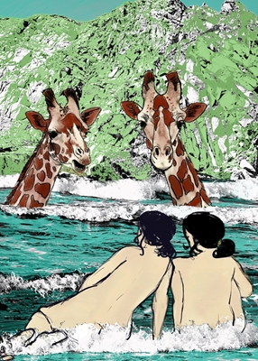 To badende med giraffer