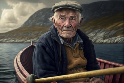 Oude man in zijn vissersboot