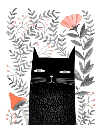 svart katt med växter 