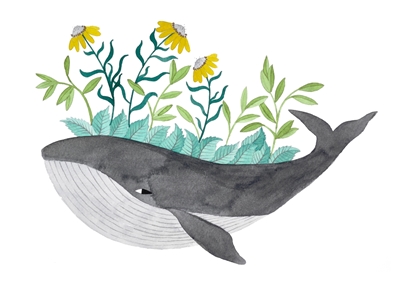 Szary wieloryb z kwiatami