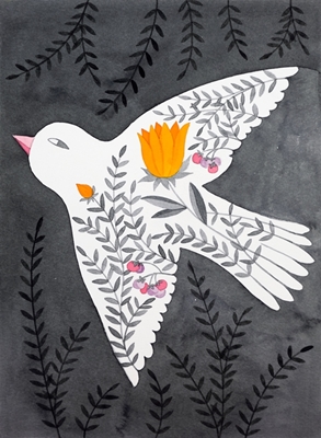 fugl med blomster på grått