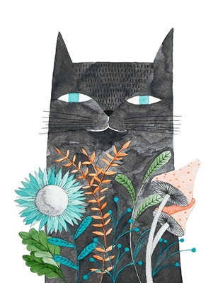 šedá kočka s rostlinami