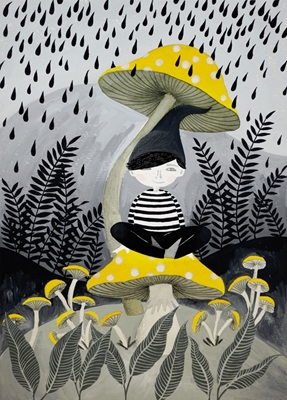 jongen onder een paddenstoel op regen