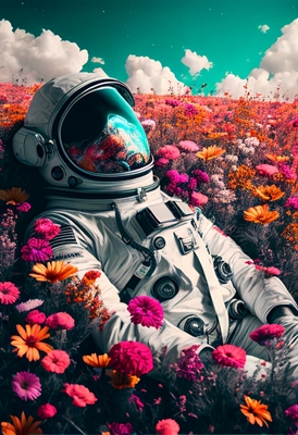 Astronauta no campo de flores
