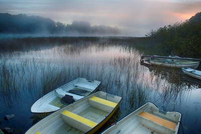 Rowing boats at sunrise