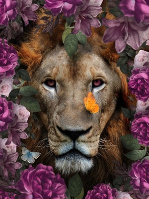 lion and rose flowers