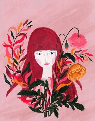 Mulher vermelha e cor-de-rosa com flor