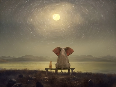 Elefant und Hund bei Nacht