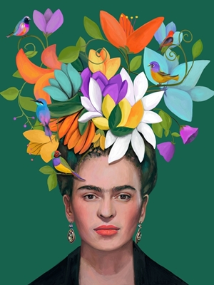 Kvinna med blommor och fåglar
