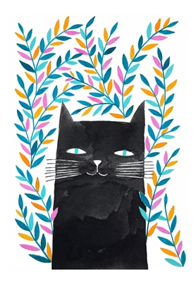 černá kočka s modrými listy