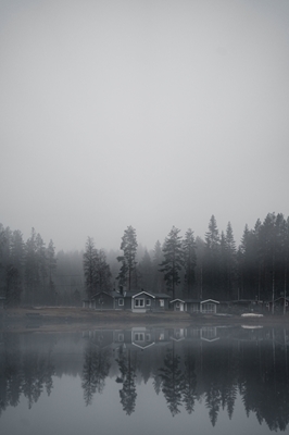 Cabin on a misty and cold day