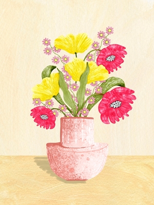 Flores de verano en jarrón rosa 