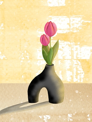 Two pink tulips in black vase 