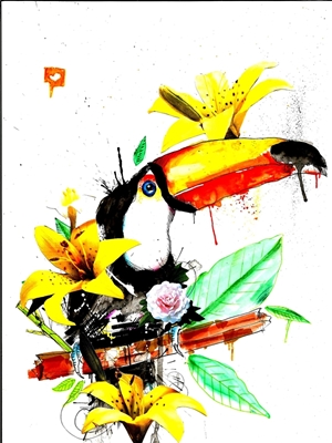 toucan and watercolor flowers
