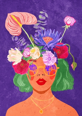 Flicka med blommande huvud
