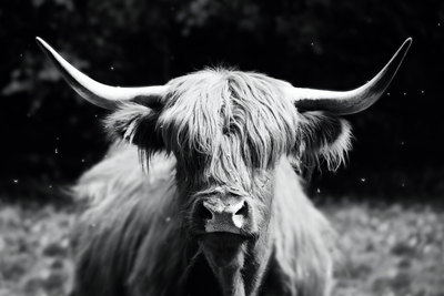 Highlander-lehmä mustavalkoisena