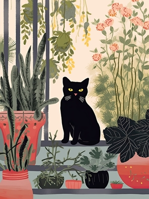 Chat noir avec des plantes