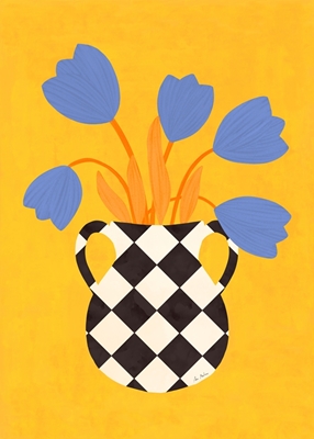 Florero a cuadros y tulipanes