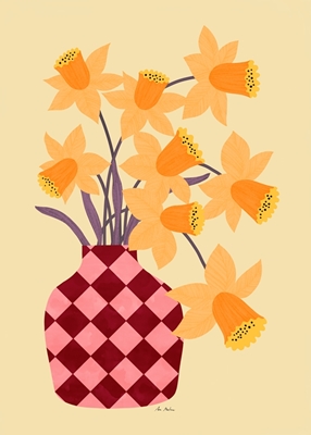Checkered vase with daffodils