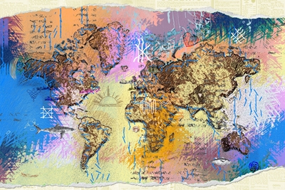 Carte du monde en techniques mixtes