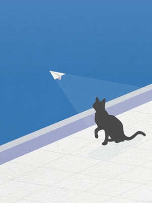 Kat achtervolgt papieren vliegtuig