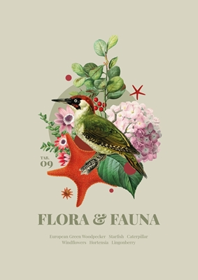 Flora y Fauna con Pájaro Carpintero Verde