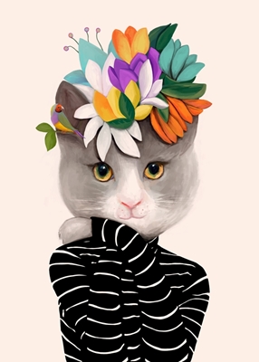 Katze mit Blumen und Vogel