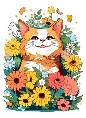 Šťastná kočka s květinami