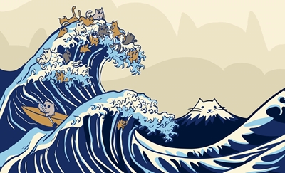 Die Kanagawa Welle mit Katzen