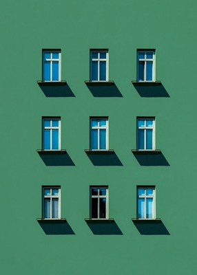 Nine Windows on Green Wall