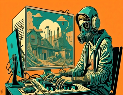Man with gasmask play computer