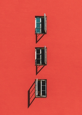 3 Open Windows on Red Wall