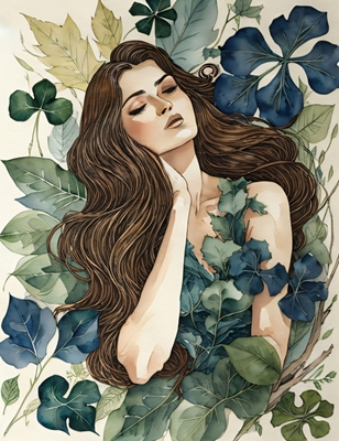 Vrouw die tussen de bladeren slaapt