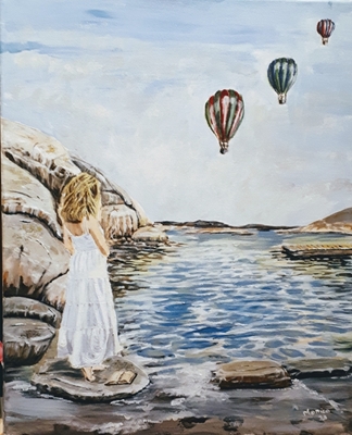 Dziewczyna balony na gorące powietrze plaża